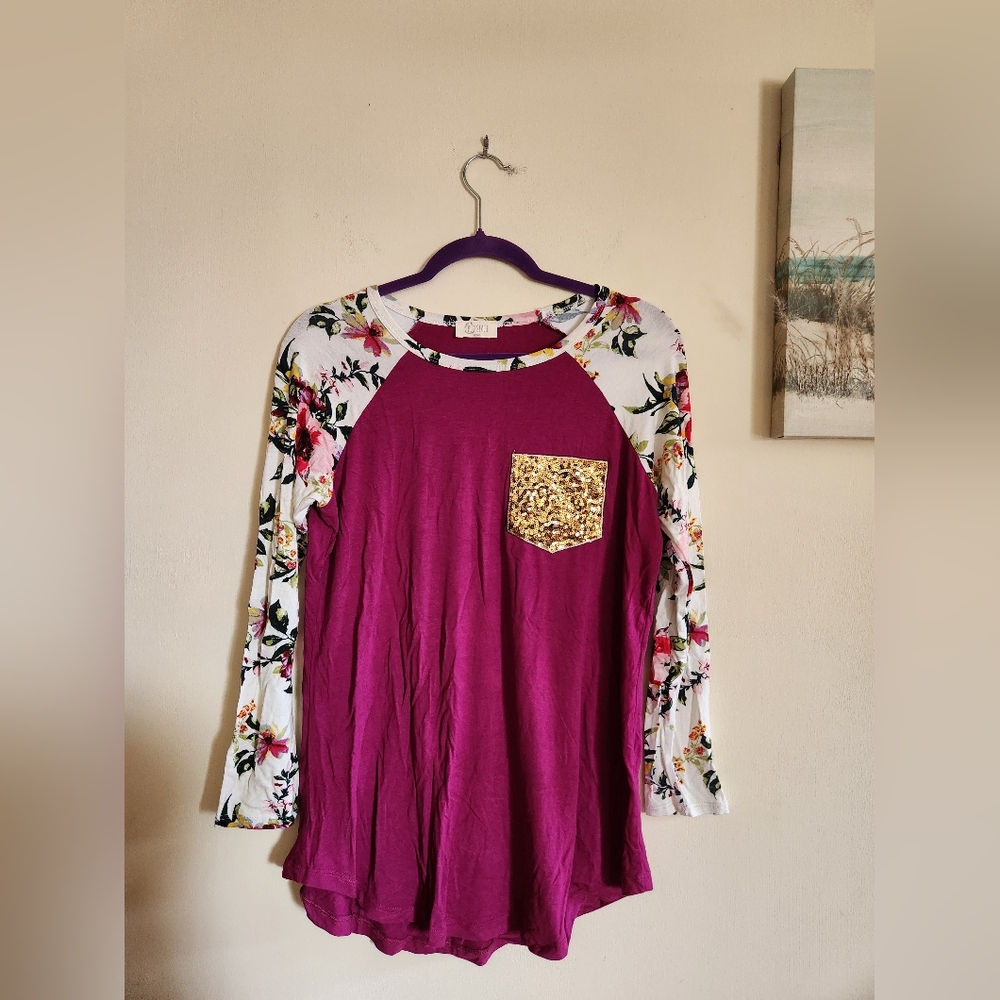 BE STAGE Floral Long Sleeve Top Soft Purple Color Gold Sequins Oversized…